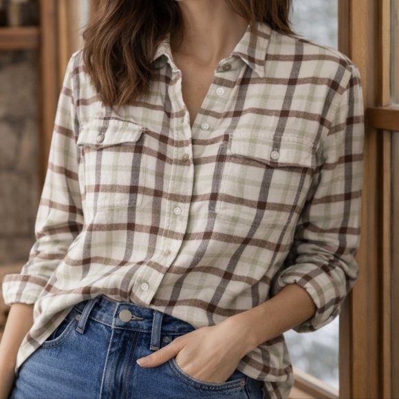 Everlane Tops - NWT Everlane Plaid Flannel Shirt XS Cream Green Brown Cabincore Cozy Minimalist